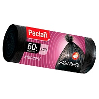Мешки для мусора 60 л, черные, в рулоне 20 шт., ПНД, 7,4 мкм, 720х600 мм, PACLAN, 600820 в Пскове